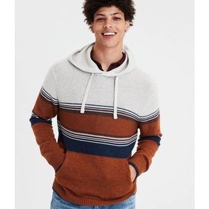 American Eagle Men Cream Color Block Hoodie Sweater